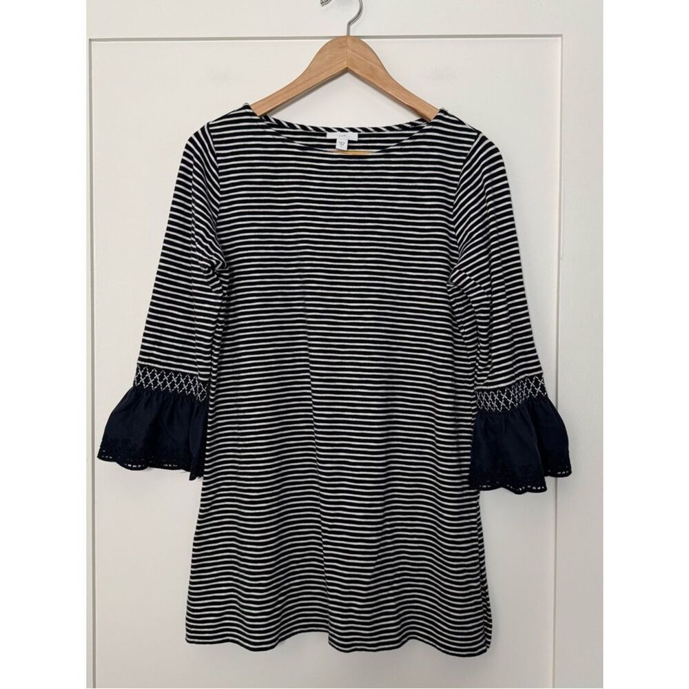 J Jill Tunic Top Womens Sz S Blue White Striped Ruffle Eyelet Cuff Nautical